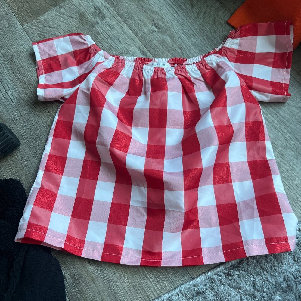 Tiff + Jen red and white checkered off the shoulder blouse size M